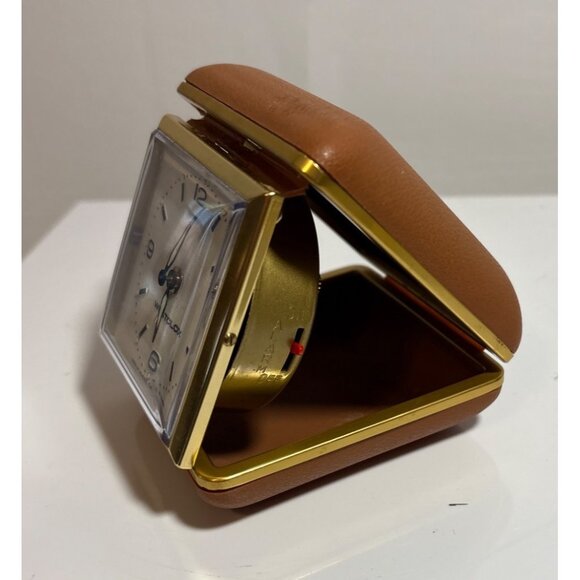 Wesclox Travel Alarm Clock Foldable Brown Faux Leather Case Taiwan Manual Wind - Picture 2 of 8